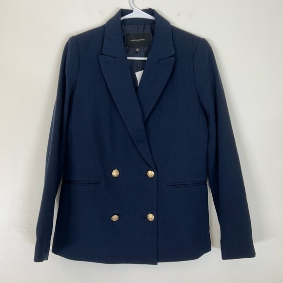 Banana Republic Factory Double Breasted Textured Cotton Blend Blazer Size 0 Navy - Picture 1 of 10